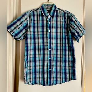 Men’s M: James Tattersall Cotton Blend Short Sleeve Button Up Shirt Blue/Grey